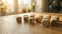 Wooden dice with green eco icons including recycling, leaf, footprint, solar panel, and wind turbine arranged on a sunlit wooden table.