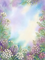 Watercolor floral frame with delicate wildflowers and soft pastel gradient background for spring wedding invitations and romantic greeting cards.