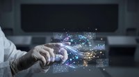 Businessman hands holding digital network connections with glowing data visualization charts and graphs representing modern technology and analytics.