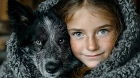 Young blonde girl with freckles cuddling adorable gray puppy dog in cozy knit blanket. Heartwarming portrait of child and pet friendship, comfort and love.