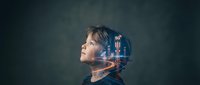 Young professional man with futuristic holographic brain interface technology overlay showing neural networks and digital connections on dark background.