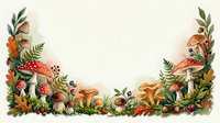 Watercolor autumn forest mushrooms border frame with red toadstools, ferns, berries, and oak leaves on light background for cards.