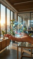 Hand holding glowing holographic globe with DNA helix, plant growth, and digital icons representing biotechnology, innovation, and sustainable science research in modern office.