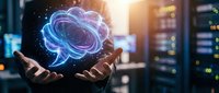 Hands holding glowing neon brain hologram in server room environment, representing artificial intelligence, neural networks, and digital technology innovation for tech concepts.