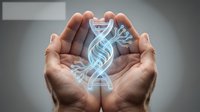 Protective hands cupping glowing DNA double helix strand representing genetic research, biotechnology innovation and medical science advancement.