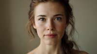 Portrait of young woman with natural freckles and wavy hair against neutral background, conveying authentic beauty and confidence.