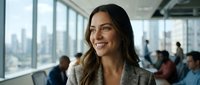 Young woman with long dark hair and olive complexion wearing a gray blazer, smiling confidently in a modern high-rise office with floor-to-ceiling windows overlooking a city skyline, colleagues working in background.