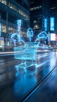 Digital shopping cart with cybersecurity lock and cloud icons on urban street at night representing secure online commerce and data protection technology.