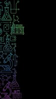 Science laboratory equipment line art border on black background with molecular structures, test tubes, microscopes and chemical formulas for educational materials.
