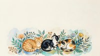 Adorable sleeping cats nestled among decorative botanical elements with leaves and berries on neutral background for cozy home decor and pet lover designs.