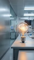 Glowing light bulb with brain filament and DNA helixes in modern laboratory representing innovation, scientific research, biotechnology and creative thinking.