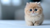 Adorable cream colored Persian kitten with bright blue eyes and fluffy fur sitting on light surface against blurred background, looking directly at camera.