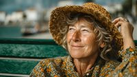 Cheerful senior Caucasian woman with curly gray hair wearing woven sun hat sitting on green bench outdoors, smiling warmly with hand touching hat brim on sunny day.