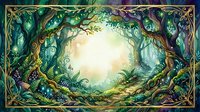 Enchanted forest tunnel with mystical glowing light, magical woodland pathway surrounded by twisted vines and lush foliage creating natural archway portal.