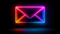 Glowing neon envelope icon with vibrant rainbow gradient colors on dark background, symbolizing digital communication and messaging.