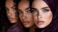 Young women with diverse ethnicities displaying natural makeup and glowing skin tones. Suitable for beauty, cosmetics, skincare, and wellness marketing campaigns.