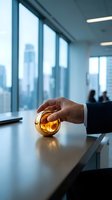 Businessman in dark suit holding glowing amber crystal sphere on modern office table with city skyline view through windows, symbolizing innovation and business strategy.