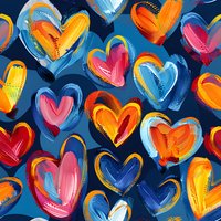 Vibrant brush stroke hearts in pink, orange, yellow and blue create playful seamless pattern on navy background. Artistic romantic design for fabric, wallpaper and gift wrap.