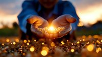 Professional businessman cupping hands around glowing golden light particles at sunset, symbolizing protection, care and nurturing of ideas or dreams.