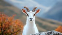White mountain goat with curved horns looking at camera against autumn mountain landscape background with orange foliage and blurred peaks.