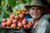 Senior farmer with gray beard wearing straw hat holds fresh harvested organic peaches in rustic basket, showcasing sustainable agriculture and local farming.