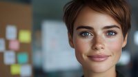 Young woman with short brown hair, natural freckles and bright blue eyes smiling warmly at camera against blurred office background with sticky notes.