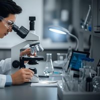 Asian female scientist examining samples through microscope in modern laboratory with advanced equipment and glassware for medical research and analysis.