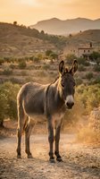 Donkey standing on rural dirt road in Mediterranean landscape with rolling hills, olive trees, and rustic stone building at golden hour sunset.