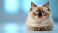Ragdoll cat with striking blue eyes and cream colored fur lying down on light blue background, looking directly at camera with gentle expression.