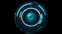 Futuristic circular interface with glowing blue neon elements and technological patterns on black background, suggesting advanced digital technology and innovation.