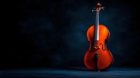 Classical wooden violin on dark blue dramatic background with soft spotlight illumination and copy space for concert promotion or musical performance.
