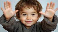 Cheerful mixed-race toddler in gray sweater showing palms and waving hands with bright smile, looking directly at camera against light background.