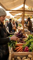 Senior Caucasian man in knit hat shopping for fresh organic vegetables at bustling outdoor farmers market with wooden stalls and canvas canopy overhead.