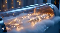Glowing fairy lights captured inside glass container creating magical bokeh effect against dark background, atmospheric holiday mood lighting.