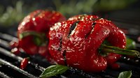 Grilled red bell peppers with water drops and herbs on black grill grates, macro food photography in dark moody lighting with selective focus.