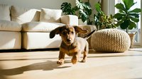 Adorable dachshund puppy sitting on wooden floor in modern living room with beige sofa, wicker pouf and green plants creating cozy home atmosphere.