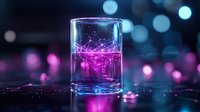 Glowing neon pink and blue liquid in glass creates magical effect against dark background with bokeh lights, modern abstract composition for beverage or science concept.