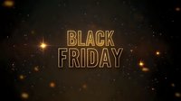 Glowing golden Black Friday text with outline effect floating in dark space with bright lens flares and bokeh lights creating festive atmosphere.