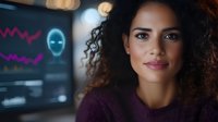 Young mixed-race woman cybersecurity analyst with curly hair in modern tech office with digital security interface and skull hacker warning on screen.