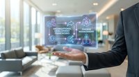 Professional holding tablet displaying software development and team management hologram interface in modern office environment with natural light.