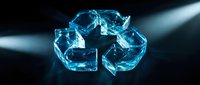 Glowing blue recycling symbol with electric energy effects on dark background for environmental sustainability and green technology concepts.