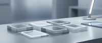 Stacks of transparent glass or acrylic rectangular panels arranged on a sleek modern desk in a minimalist laboratory or office setting.