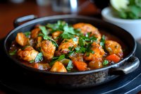 Succulent shrimp in spicy sauce with fresh herbs and vegetables served in rustic cast iron pan, close up view showing texture and garnish for food photography.