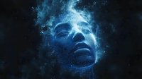 Mystical face emerging from cosmic blue nebula, representing consciousness, spirituality, and the connection between human mind and universe.