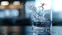 Surreal miniature scene of athletic figure diving into splashing water glass against blurred background, creative conceptual composition with liquid motion effect.