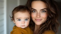 Young Caucasian mother with wavy brown hair and bright smile holding adorable baby in mustard yellow sweater, both with striking blue eyes, against soft blurred background.