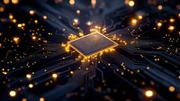 Futuristic microprocessor chip with glowing circuits and light connections on dark circuit board background for technology and computing concepts.