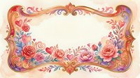Ornate decorative frame with vibrant floral elements, roses, hearts, and scrollwork in warm gold and purple tones on isolated cream background, ready for design projects.