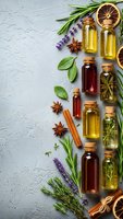 Essential oils in glass bottles with natural herbs, spices and dried citrus on textured gray background for aromatherapy and wellness treatments.