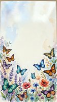 Watercolor butterfly garden border frame with colorful monarchs, wildflowers and lavender on textured paper background for spring designs.